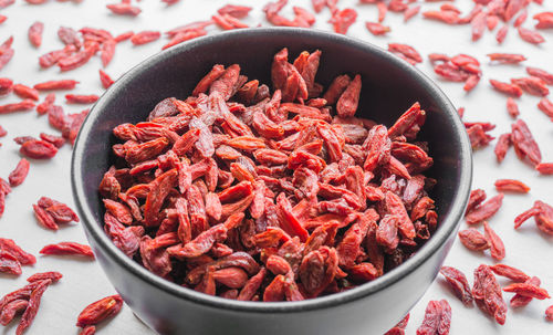 High angle view of red chili peppers in bowl