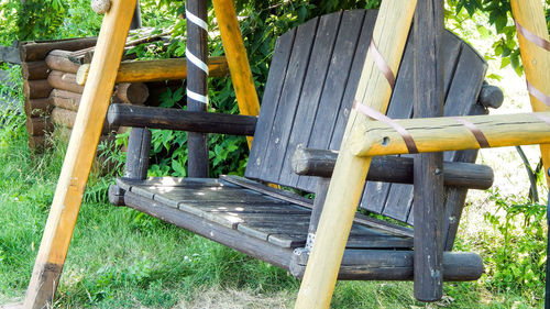 High angle view of bench in park