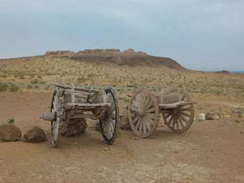 View of wheelbarrows in desert