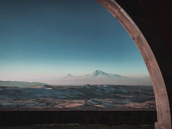 Scenic view of snowcapped mountains against clear blue sky