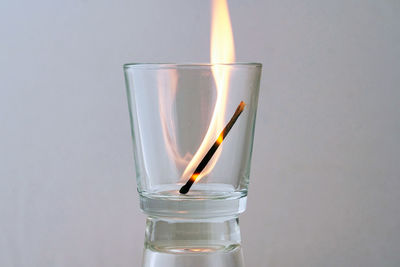 Close-up of candle on glass against white background