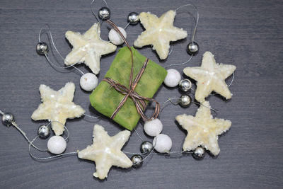 High angle view of christmas decorations on table