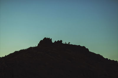 Low angle view of rocky mountain against clear blue sky