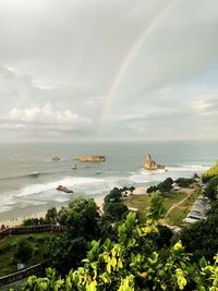 Scenic view of rainbow over sea against sky