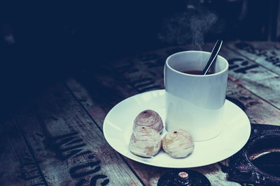 Close-up of breakfast served on table