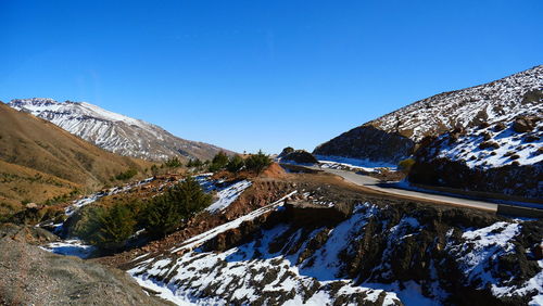 Scenic view of snowcapped mountains against clear blue sky