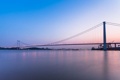 View of suspension bridge over river against blue sky