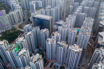 High angle view of modern buildings in city