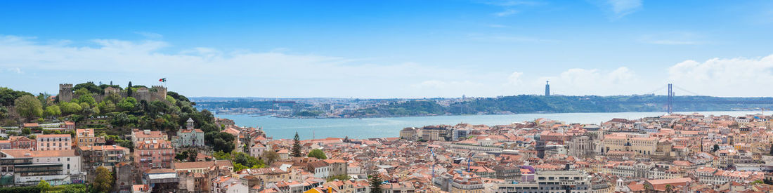 High angle view of townscape by sea against sky