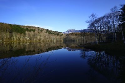 Scenic view of lake against clear blue sky