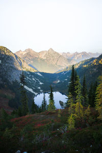 Scenic view of mountains and lake against clear sky