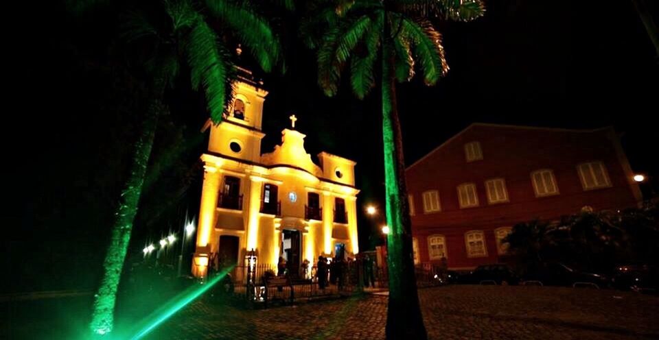 illuminated, night, building exterior, architecture, built structure, lighting equipment, tree, low angle view, light - natural phenomenon, city, street light, incidental people, outdoors, palm tree, decoration, building, street, celebration, religion, glowing