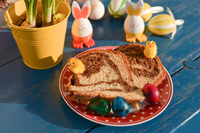 Close-up of easter eggs and pastries