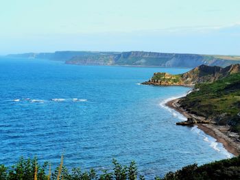 Scenic view of bay against sky