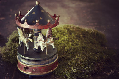 High angle view of toys on field