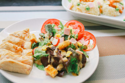 High angle view of salad in plate on table