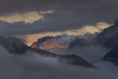 Scenic view of mountains against cloudy sky