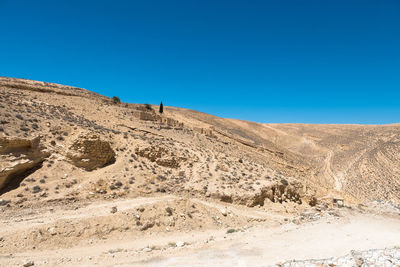 Scenic view of desert against clear blue sky