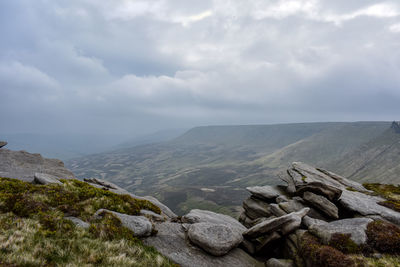 Scenic view of rocks in mountains against sky