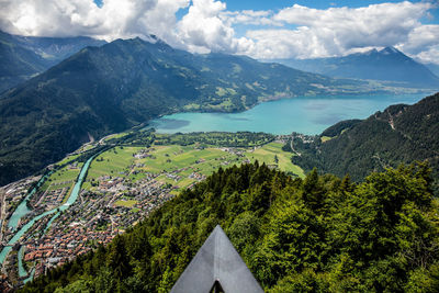 High angle view of trees and mountains against sky