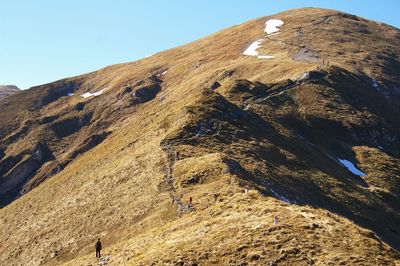 Low angle view of mountain range against clear sky