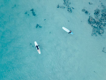 High angle view of people swimming in sea