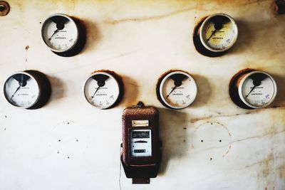 Close-up of old clock on wall