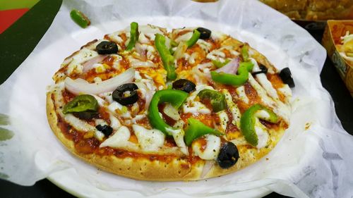 High angle view of food in plate on table