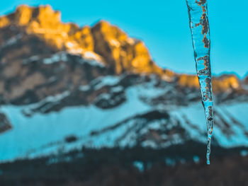 Close-up of frozen water against blue sky