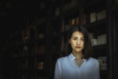 Portrait of woman standing against wall