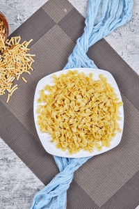 High angle view of pasta in bowl on table