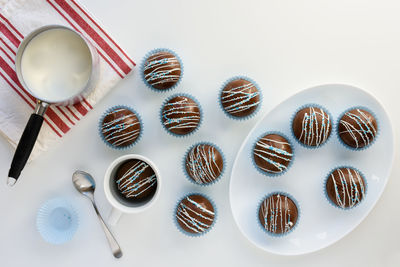 High angle view of chocolate cake on table