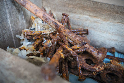 High angle view of rusty metal