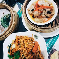 High angle view of food in plate on table