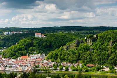 Trees and townscape against sky