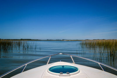 Scenic view of lake against clear blue sky