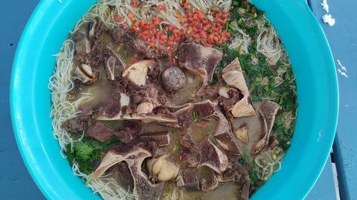 High angle view of food in bowl on table