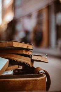 Close-up of old books on bag