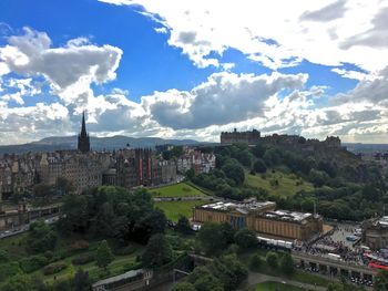 High angle view of buildings against cloudy sky