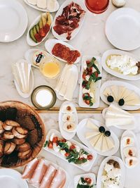 High angle view of breakfast served on table