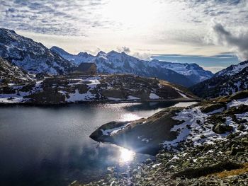 Scenic view of snowcapped mountains against sky