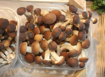 High angle view of eggs in glass container on table