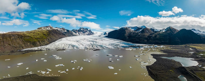 Aerial panoramic view of the skaftafell glacier, iceland