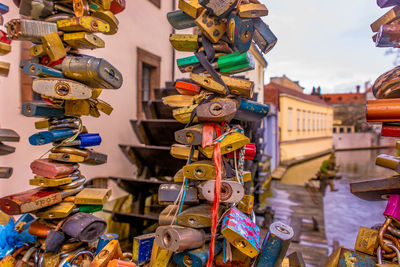 Close-up of padlocks on railing