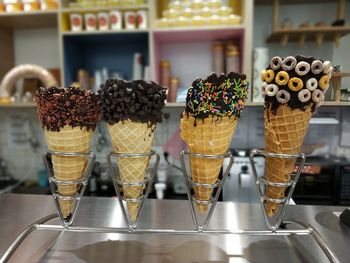 Close-up of ice cream in glass on table