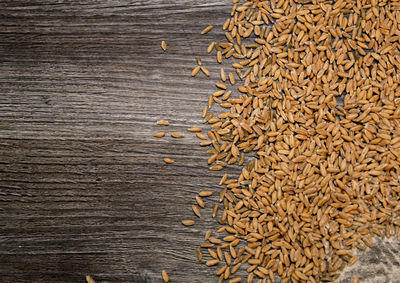 High angle view of wheat on table