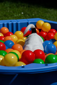 High angle view of multi colored balls in pool