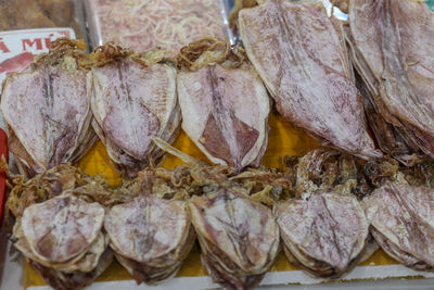 Closeup of deep fresh sun dried squid - traditional vietnamese cuisine in dam market, nha trang city