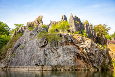 Rock formation on shore against sky