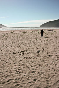 Rear view of man walking on beach